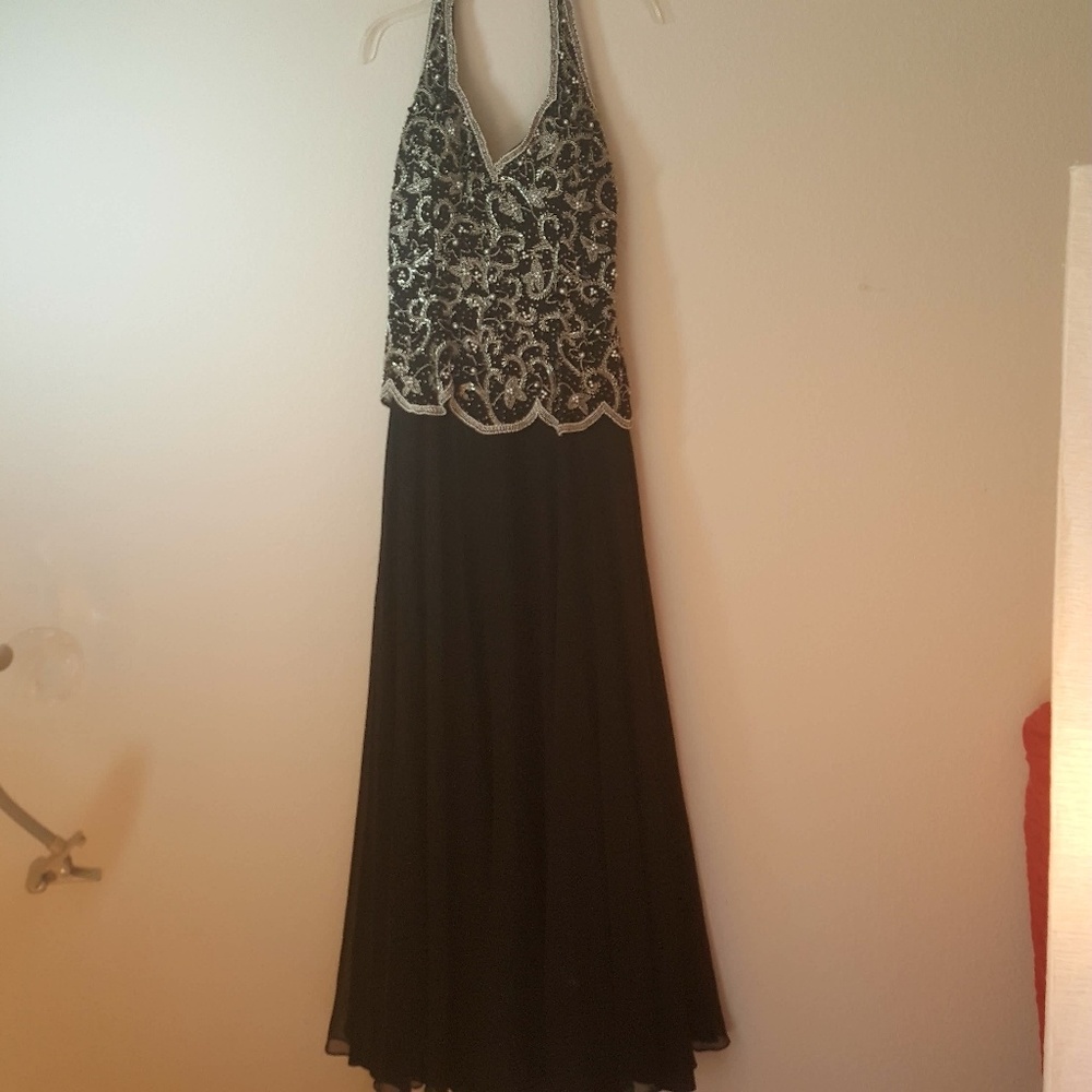 Black Halter silk beaded dress, size 6, A18